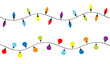Christmas lights. Colorful string fairy light set. Holiday festive xmas decoration. Lightbulb glowing garland. Round cone shape. Rainbow color. Flat design. White background. Isolated.