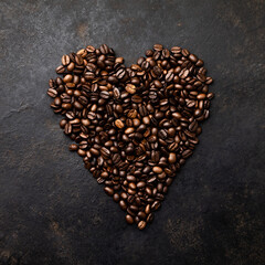 Poster - Coffee beans in shape of heart on dark rustic background