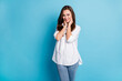 © deagreez - Pretty lady friendly look flirty touch neck wear white shirt jeans isolated blue color background