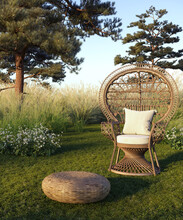 3d Boho Sunset Scene With A Peacock Lounge Chair In A Peaceful Nature With Pampas Grass, Pine Trees
