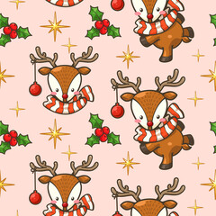 Wall Mural - Seamless pattern cute deer cartoon Christmas wears a red and white scarf, Merry Christmas lettering, Christmas cherry, and gold sparkle. Decoration, logo, greeting card, pattern, and more.