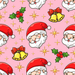 Wall Mural - Seamless pattern illustration of Santa Claus smiling face, ribbon, bell, Christmas berry, and sparkle. Pink background. Used for greeting card. Cute decoration for sticker, logo, pattern, and more.