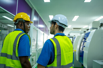 Poster - Engineer mechanic working and checking machine in a large industrial factory.