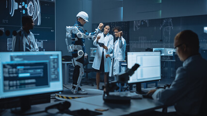 Poster - In Robotics Development Laboratory: Engineers and Scientists Work on a Bionics Exoskeleton Prototype with Person Testing it. Designing Wearable Exosuit to Help Disabled People, Warehouse Workers