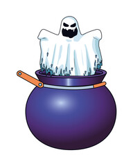 Sticker - halloween ghost floating in cauldron character icon