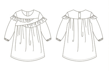 Technical drawing of children's fashion. Summer dress with a frill for Girls. Front and back views