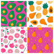 Set of four seamless repeat patterns with hand drawn fruits and berries on light background.