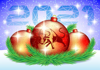 Wall Mural - Christmas balls with bull symbol of 2021 on winter background.