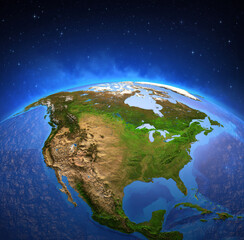 Surface of Planet Earth viewed from a satellite, focused on North America. Physical map of The United States USA and Canada - Elements of this image furnished by NASA.