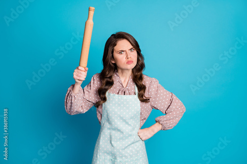 Photo of attractive crazy angry mad lady hold hands kitchen utensil rolling pin cooking cake pie want beat boyfriend for bothering wear apron dotted dress isolated blue color background