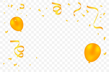 Bright Orange Confetti With Balloon And Ribbon Isolated On White Background. Celebration & Birthday Party. Vector Illustration