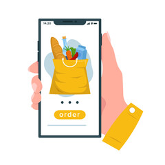 Poster - Order food online. Hand holding mobile smart phone with delivery food app. Flat design vector illustration.