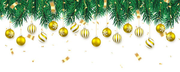 Festive Christmas or New Year Background. Christmas tree branches with confetti and xmas gold balls. Holiday's Background. Vector illustration