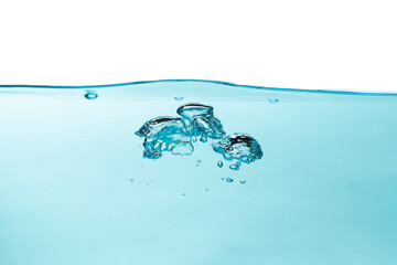 Air bubble and water splash,Water splash isolated on blue and white  background.