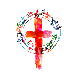 Sticker - Colorful christian cross with music notes isolated vector illustration. Religion themed background. Design for gospel church music, choir singing, concert, festival, Christianity, prayer