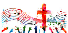 Colorful Christian Cross With Music Notes And Hands Isolated Vector Illustration. Religion Themed Background. Design For Gospel Church Music, Choir Singing, Concert, Festival, Christianity, Prayer