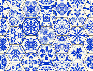 Indigo Blue Flower Azulejos Pattern Lisbon Set Paint Tile Floor Oriental Spain Collection Seamless Pattern Portugal Geometrichexagonal  Ceramic Design Tile Vintage Illustration background Vector Textu