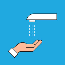 Automated Touchless Restroom Faucet With Sensor. No Touch Water Tap With A Hand. Color Icon. Automatic Touch Free Handwashing. Black Outline On Blue Background. Vector Illustration, Flat, Clip Art