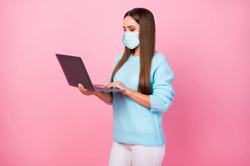 Poster - Profile photo of pretty business lady hold notebook wear mask blue sweater white trousers isolated pastel pink color background