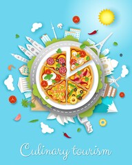 culinary tourism vector poster, banner template. paper cut style big delicious italian pizza and wor