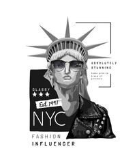 typography slogan with black and white liberty statue in sunglasses and leather jacket illustration