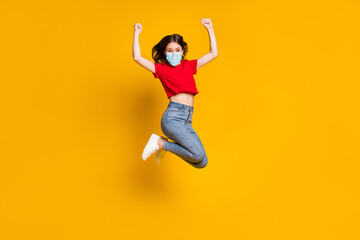 Sticker - Full length photo of ecstatic girl jump win raise fists wear mask isolated over bright shine color background