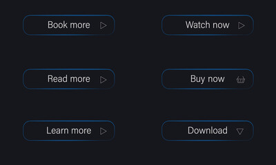 Button set for website design. Read more, learn more, buy now, download, watch now, book more. Ui interface. Vector illustration for web site, shop and ui.