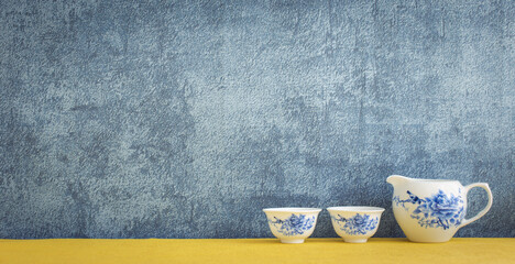 kitchenware decoration on wooden shelf with copy space