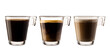 Variety of glass coffee cups on white background