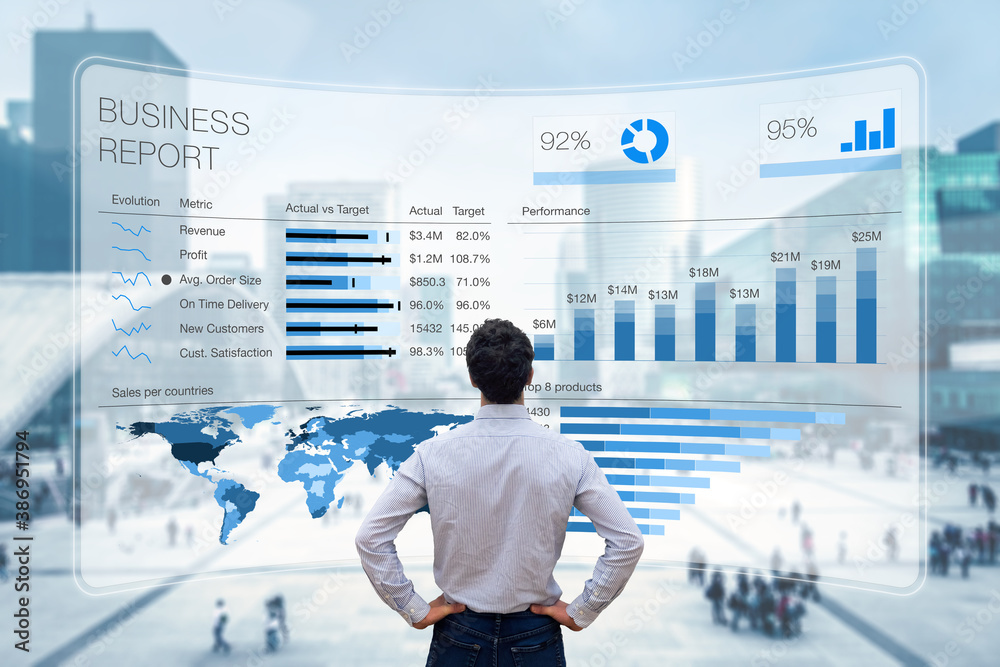 Business report with metrics, performance indicators and charts summarizing sales and profit data compared to targets and market trends. Business executive analyzing business analytics dashboard - obrazy, fototapety, plakaty 