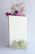 Growth, rebirth and imagination shown through flowers and foliage coming out of a white cover book with a white background angled with an off-white flower candle at the base of the book