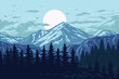 © Amillustrated - Panorama of Mountains, Evergreen Trees, Landscape Background, hand drawn line style with digital color, vector illustration