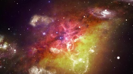 Wall Mural - Flying In Orion Nebula 4K is motion footage for scientific films and cinematic in space Loop background for scene and titles, logos animation. Science, astronomy, Nebula, Dust particles Clouds.