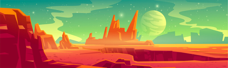 Poster - alien planet landscape for space game background. vector cartoon fantasy illustration of cosmos and 