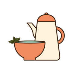 Poster - tea cup with leaves and kettle line and fill style icon vector design