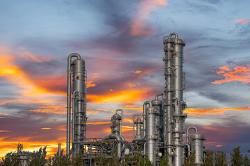 Power plant gas or oil for industry at twilight, Power plant with sunlight.