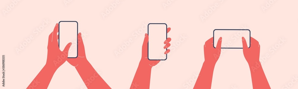 Human hands hold horizontally mobile phone with blank screen. Females ...