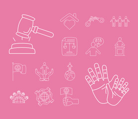 Sticker - gavel judge and human rights line style set icons