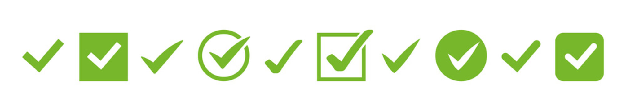 Check mark icon vector. Set of green marks of simple web button. Check or tick signs isolated on a white background. Circle and square large collection of flat buttons. Vector illustration.
