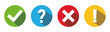 Check mark, cross and exclamation icons vector. Set colored flat buttons with long shadow. Tick, question and answers mark. Help symbol. FAQ sign isolated on white background. Vector illustration.