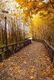 Fototapeta Most - Autumn Park with yellow and orange foliage. Wooden road in the Park. Lantern in the autumn Park.