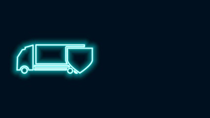 Sticker - Glowing neon line Delivery cargo truck with shield icon isolated on black background. Insurance concept. Security, safety, protection, protect concept. 4K Video motion graphic animation