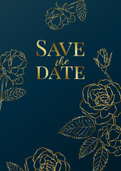 luxury wedding invitation design or greeting card template with golden roses on a navy blue background