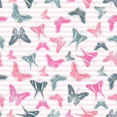 Flying butterfly silhouettes over striped background vector seamless pattern.