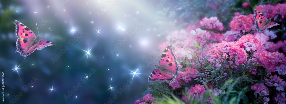 Fantasy Magical Enchanted Fairy Tale Dreamy Elf Forest with Fabulous Fairytale Blooming pink Rose Flower Garden and Butterflies on Mysterious Background, Shiny Glowing Stars and Moon Rays in Night - obrazy, fototapety, plakaty 