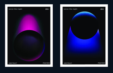 Poster - Set of minimal posters with abstract composition of glowing neon planets. Synthwave and vaporwave style covers for music or dance event.