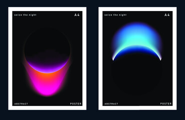 Poster - Set of minimal posters with abstract composition of glowing neon planets. Synthwave and vaporwave style covers for music or dance event.
