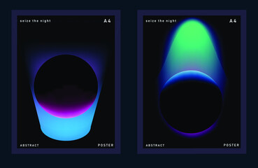Poster - Set of minimal posters with abstract composition of glowing neon planets. Synthwave and vaporwave style covers for music or dance event.