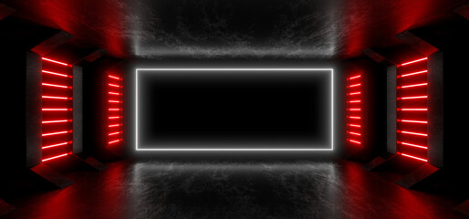 Wall Mural - a dark corridor lit by colorful neon lights. reflections on the floor and walls. 3d rendering image.