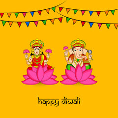 Poster - illustration of elements of hindu festival Diwali background. illustration of Hindu god Laxmi and Ganesh with Happy Diwali text on the occasion of Hindu festival Diwali celebrated in India
